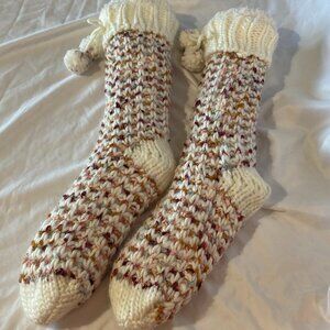 Super cozy extra thick calf length thick slipper socks with cuff and pom poms